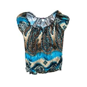 Authentic Y2k Agenda Paisley Blouse Women's‎ Tie Neck Top Blue Brown Boho Chic